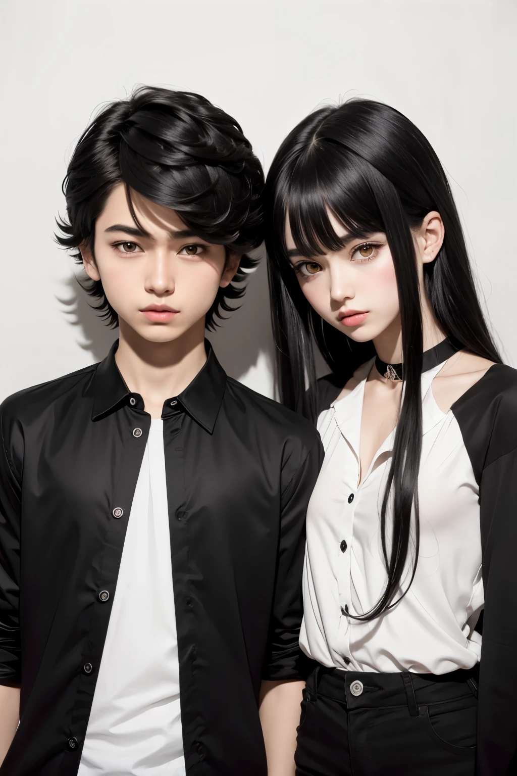 in manga style, Create an image of a boy in a black blouse and a white shirt underneath, the boy has hair that is half black on the left and half white on the right and has yellow eyes, in manga style, both eyes are yellow