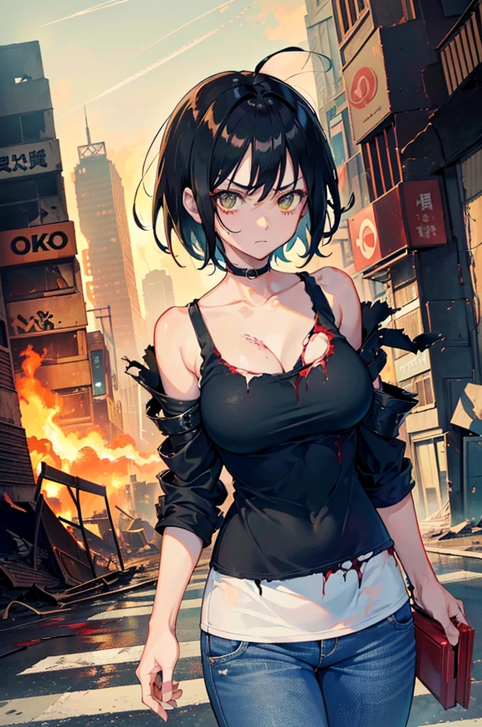 ((1 GIRL)) ((2d anime girl)), ((Japanese)) (( physically mature female)) (( somewhat large breasts)), 25-year-old, ((2d anime girl)), ((short dark-haired)), ((windswept hair)) ((ultra high quality))((flawless))((4k UHD)) ((Best Quality)) ((Daytime)) ((eyes glowing yellow )), wearing a ((black long sleeve shoulderless, blank T-shirt))((no logo)) wearing ((blue jeans)) and black and yellow sneakers with (((blood splattered))) on it and her face, standing in the street ((facing front and center toward the camera)) in a ((ruined city)) filled with ((heavily damaged)) and worn (( tall skyscrapers with gaping holes in their structures while on fire)) and ((crushed vehicles on fire)) and small and ((raging fires all around)) and an ((intimidating)) look on her face, with a giant monster kaiju-beast in the distance looking furocious.