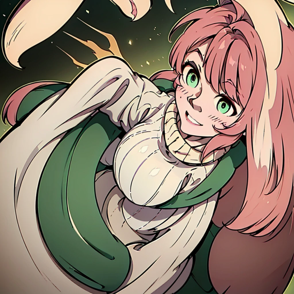 A stunning high resolution portrait masterpiece of a beautifully detailed girl with long, shiny brown hair and mesmerizing green eyes, wearing a cozy sweater and flashing a gorgeous smile that accentuates her large breasts, but perfectly formed, with white neko ears raised and her tail curled