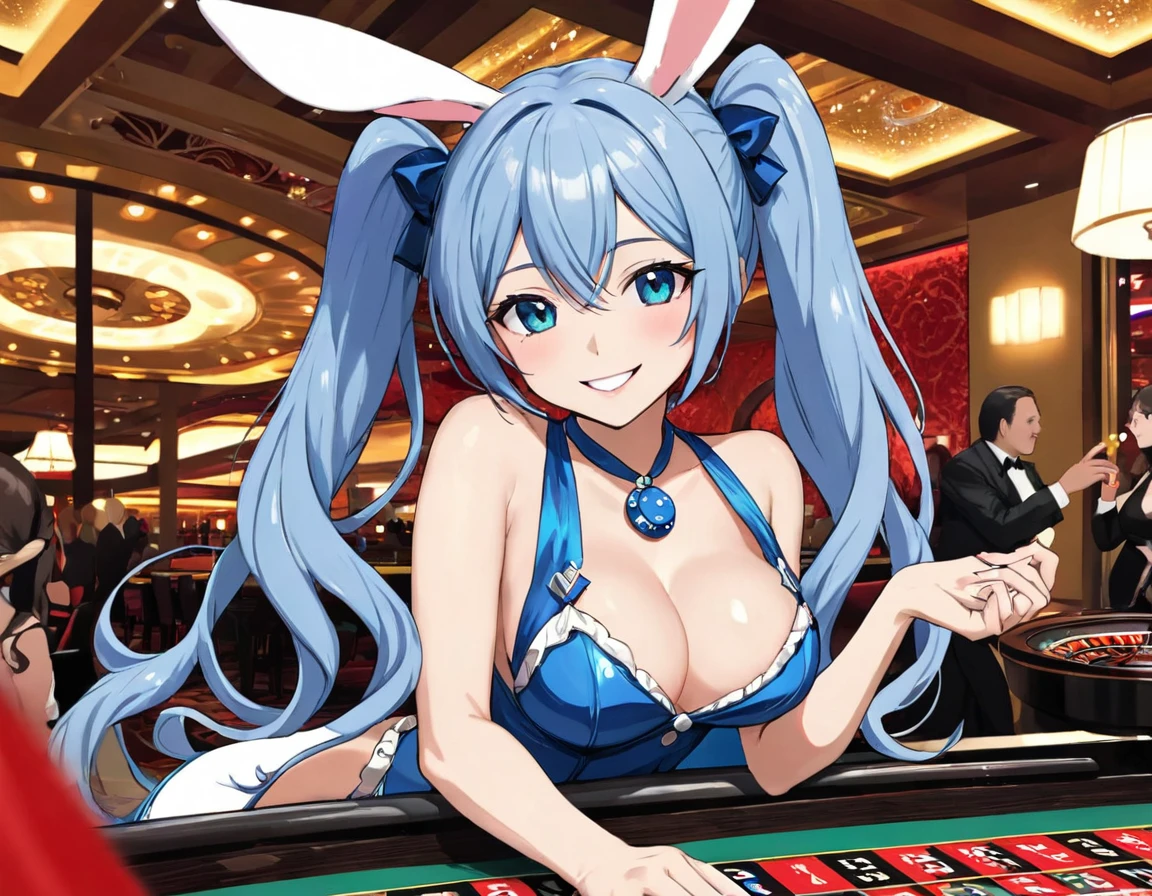 casino、Roll the big dice、Roulette Dealer、Light blue long hair、beautiful girl with twin tails、Bunny Girl Costume、Bright smile、Throwing the dice at roulette