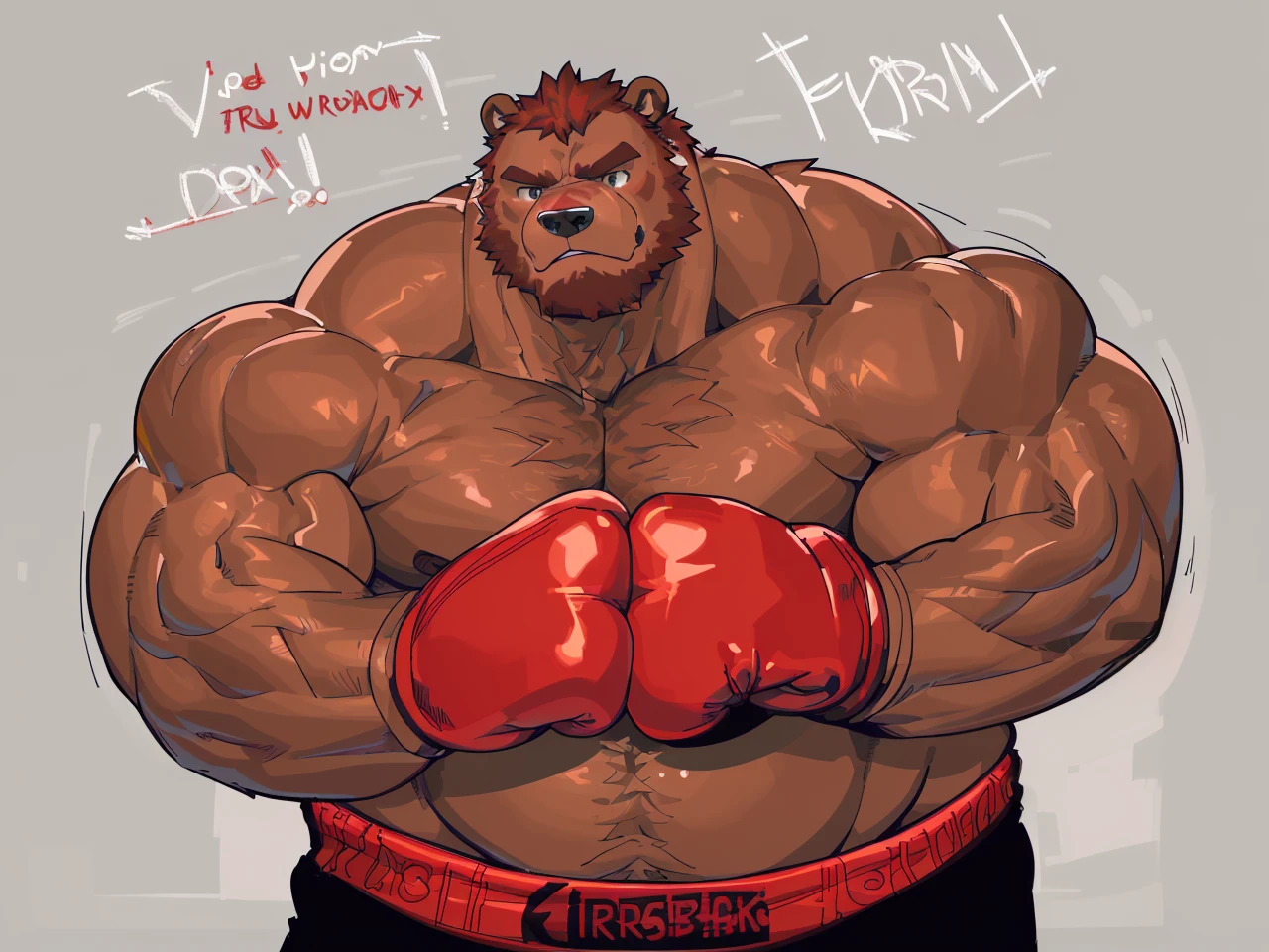 a huge muscular kodiak brown bear, extremely detailed brown fur, powerful pecs, beer belly, veins popping,red boxing gloves, black boxing pants with red line, flexing for boxing victory, masterpiece, 8k, ultra-detailed,realistic,photo-realistic,physically-based rendering,vivid colors