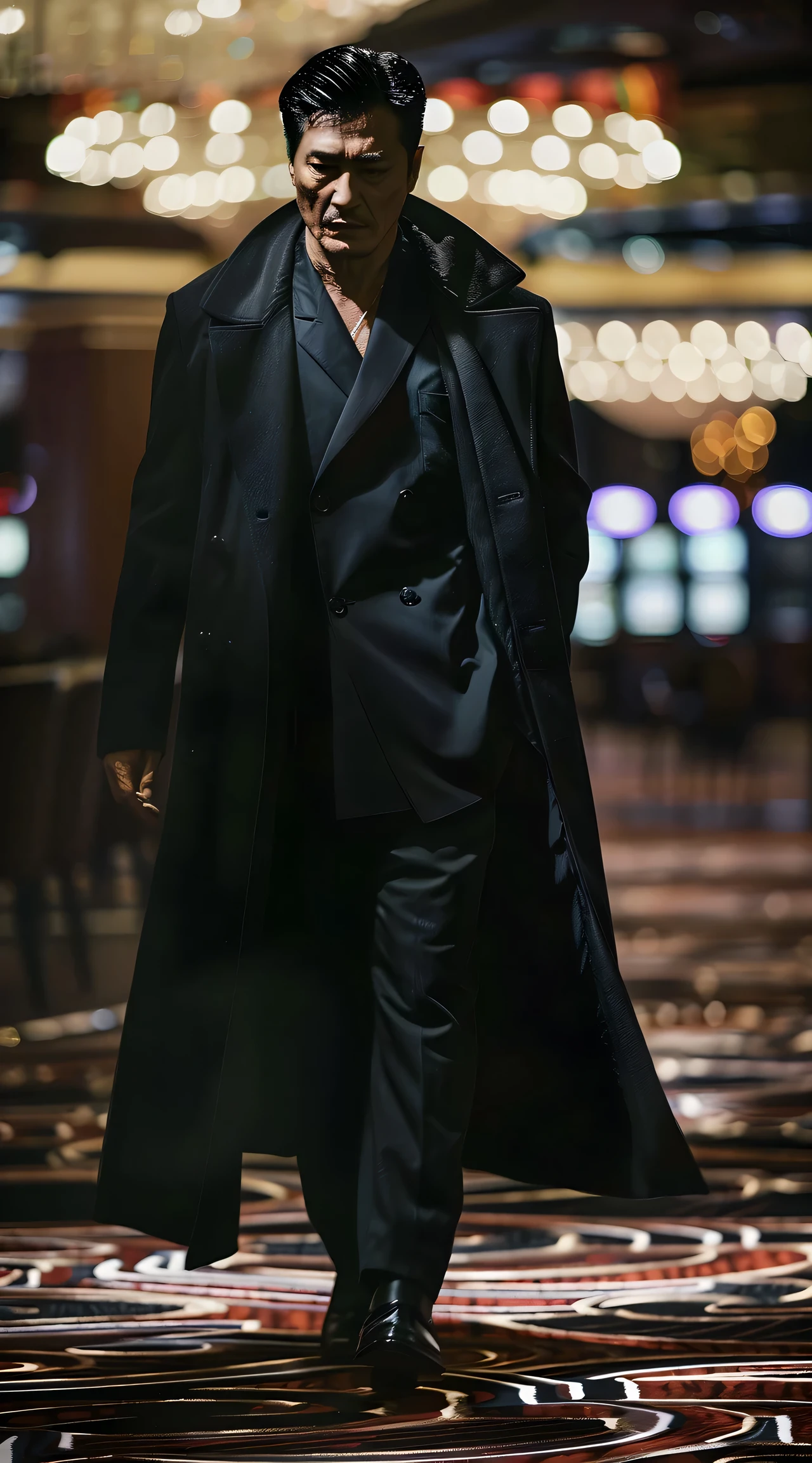 An Arav man wearing a black coat and black pants walks in the hall, New black style, He was wearing a black trench coat, New black style, Shot with Canon EOS R 5, Shot with Canon EOS R5, full-body shot, Trench coat and suit, Man in black suit, Wearing expensive clothes