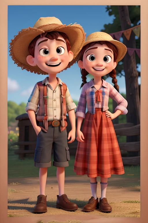 Pixar style poster drawing of a couple of two hillbilly children from June festival, boy with straw hat and toothless smile and plaid blouse and girl with colorful lace dress wearing braids
