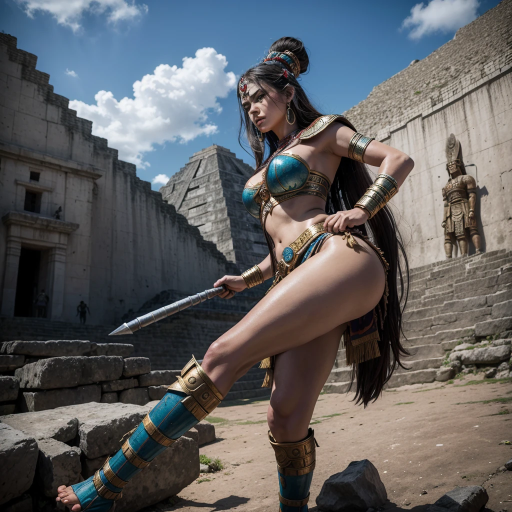 Mayan Goddess of War, beautiful in battle position at the foot of a Mayan pyramid, along with other warriors (she is 50% taller than the other warriors)
