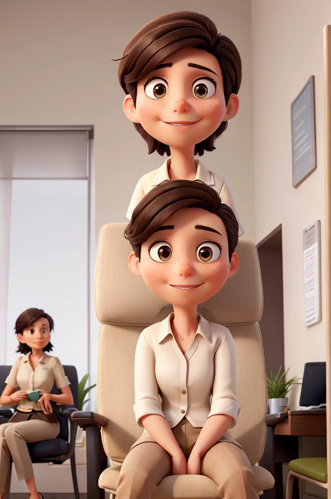 in a realistic image, a psychologist with dark hair loose or neatly stored in a coconut tree, dressed in a neutral blouse (white or beige) and formal pants or skirts. She is sitting in a comfortable chair in a psychology office, talking to a patient who can be of any gender and age, wearing causal clothes. The patient is sitting in another chair, in a comfortable and attentive posture, indicating that you are involved in therapy.

Or with