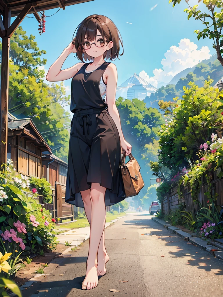 1 woman、brown hair(long)、brown eyes、black round glasses、 best quality、Super detailed、8K resolution、Raw photo、muste piece、seductive 、sleeveless tank top, overall short, gorgeous face、perfect body、spring scenery、barefoot, stroll、smile