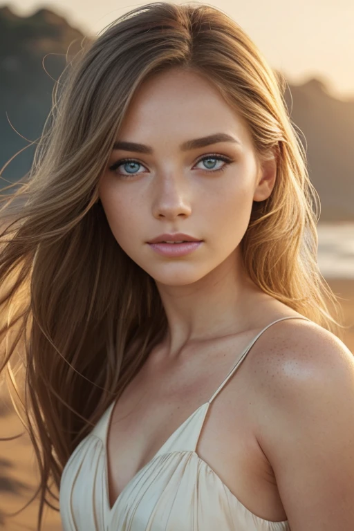 A beautiful woman with natural imperfections, mesmerizing eyes, full lips, freckles, long eyelashes, detailed facial features, simple natural makeup, wind-swept hair, wearing a flowing dress against a serene natural backdrop, golden hour lighting, muted color palette, cinematic mood, realistic, highly detailed, photorealistic, masterpiece, 8k