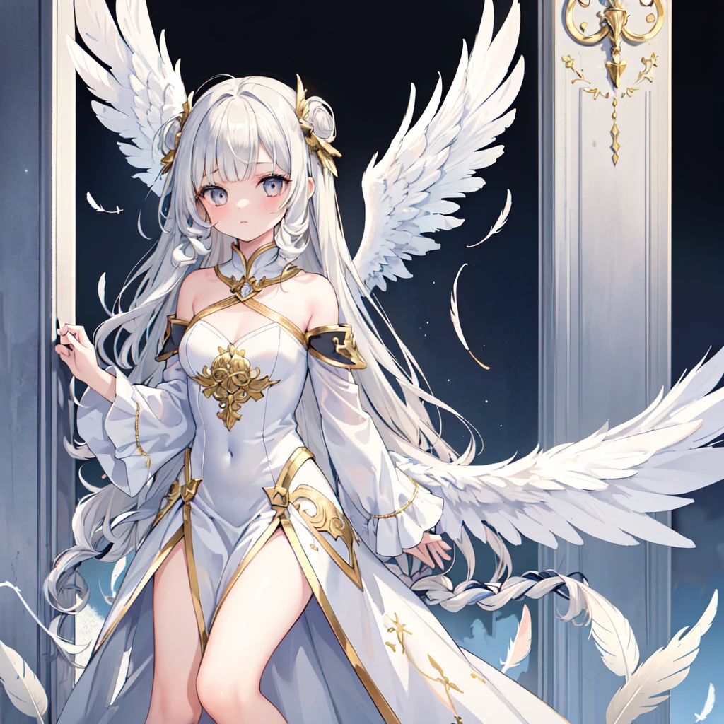 (((masterpiece, high quality))), One girl, Angel Girl, (((wing))), Winter grey eyes, (Gold and white feather), Celestial, Demon Realm Background, (((Two Tone Split Hair Color))), ((Very long curly hair)), Angel Dress