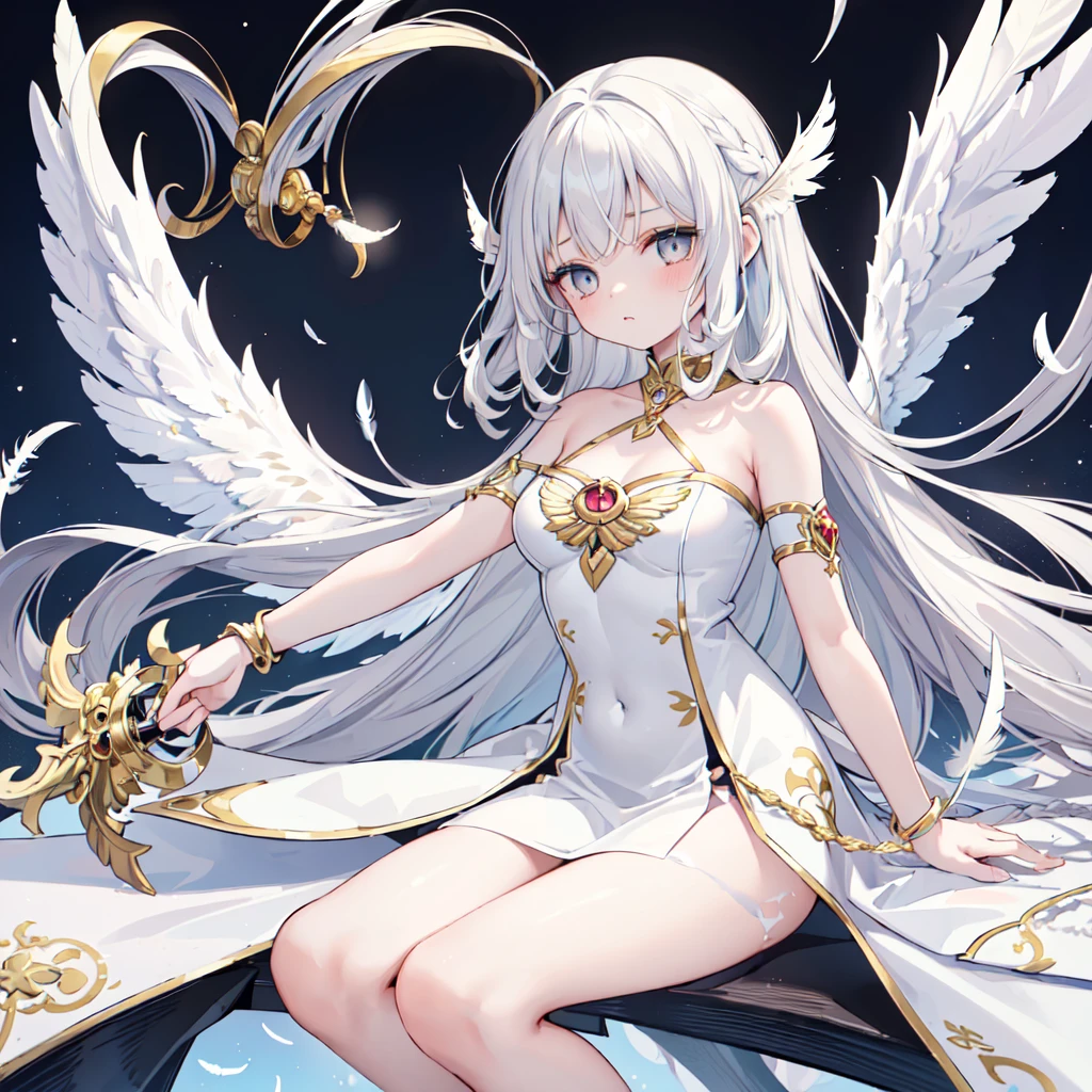 (((masterpiece, high quality))), One girl, Angel Girl, (((wing))), Winter grey eyes, (Gold and white feather), Celestial, Demon Realm Background, (((Two Tone Split Hair Color))), ((Very long curly hair)), Angel Dress