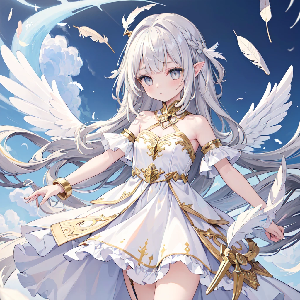 (((masterpiece, high quality))), One girl, Angel Girl, (((wing))), Winter grey eyes, (Gold and white feather), Celestial, Demon Realm Background, (((Two Tone Split Hair Color))), ((Very long curly hair)), Angel Dress