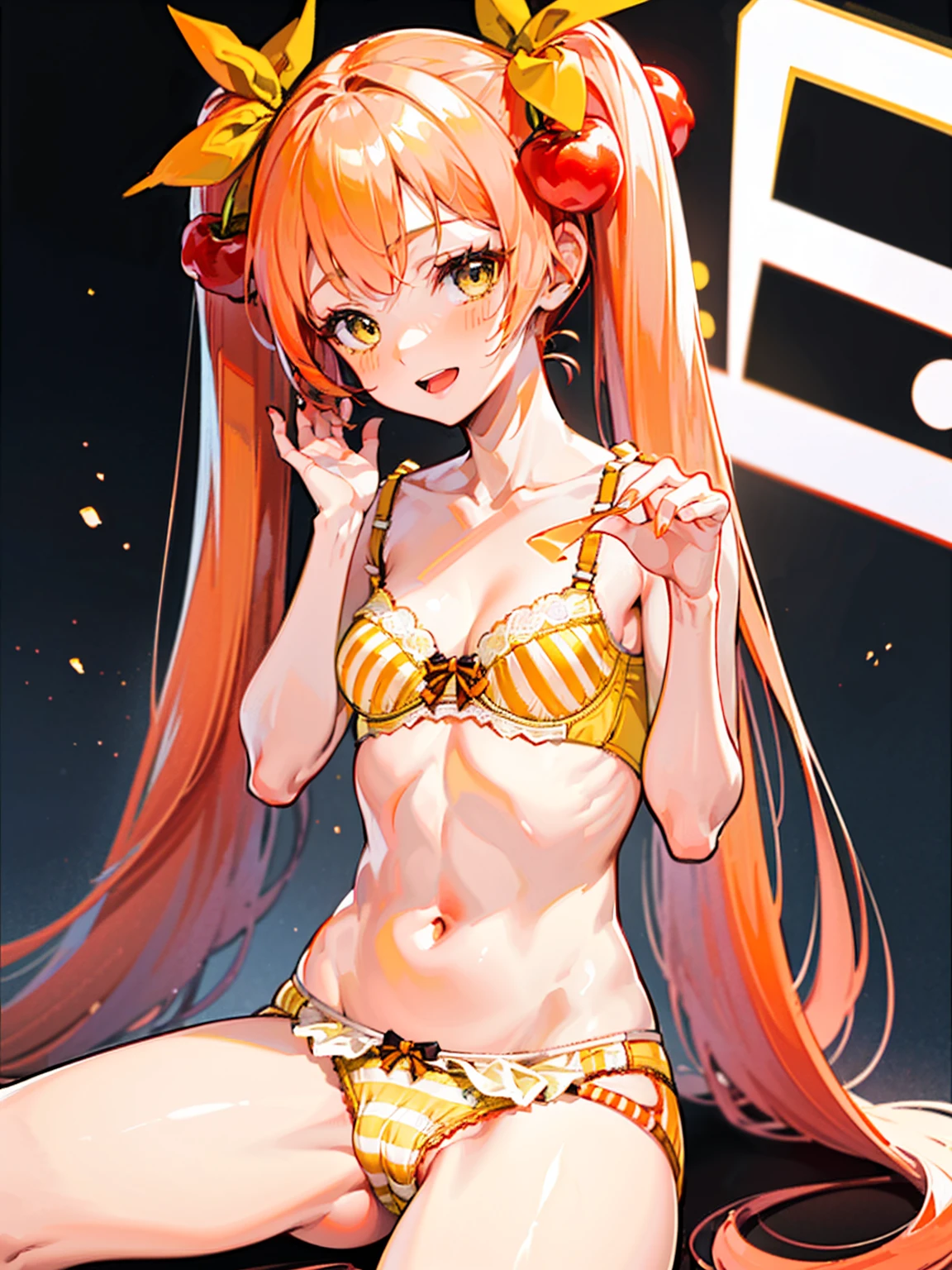 crotch,between legs ,smile,open mouth,pleasure,blush,embarrassed,(((low angle))),(best quality, 8k, masterpiece:1.2, nsfw,ultra-detailed,realistic,photorealistic,anime,Soft lighting,Bokeh), hatsune miku\(vocaloid\),sakura miku,1girl,Anime-like beautiful girl,silky smooth and very beautiful skin,very beautiful embarrassed face,Ordinary chest, 5headed body,Skinny type,Not muscular,5This refers to,Manicure is cherry colored, break, Perfectly beautiful figure,Height 162cm,Bust 87cm,Waist 56cm,Hip 85cm, blue eyes, girl, very long hair, purple eyes, long hair, solo, (bangs, pink hair, shining hair, light pink hair, ),official alternate costume, (((sexy cute underwear))), hair ornament, collarbone, (((casual underwear), (((white and orange_yellow vertical vertical Striped underwear:1.4))),(((ribbon_trimmed pantie,frilled bra))).