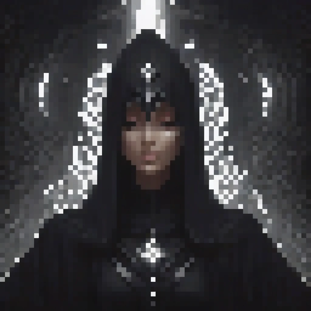 mesmerizing detailed portrait of an woman, shadowy arcane powers, black monochromatic color scheme, dark robes, eerie glowing aura, mysterious magic energy swirling around, dramatic lighting, long dark robes, glowing eyes, powerful magic user, intricate pixel art style, highly detailed, masterpiece, 8k, photorealistic, shadowy environment, best quality, highres, ultra-detailed, realistic, photo-realistic, dark fantasy, cinematic, chiaroscuro, moody atmosphere, no other colors than black.