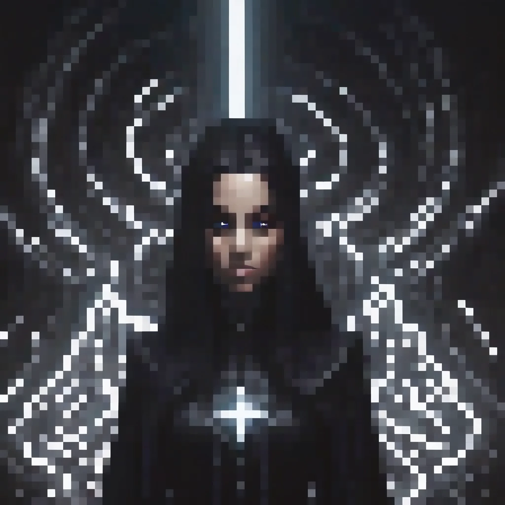 mesmerizing detailed portrait of an woman, shadowy arcane powers, black monochromatic color scheme, dark robes, eerie glowing aura, mysterious magic energy swirling around, dramatic lighting, long dark robes, glowing eyes, powerful magic user, intricate pixel art style, highly detailed, masterpiece, 8k, photorealistic, shadowy environment, best quality, highres, ultra-detailed, realistic, photo-realistic, dark fantasy, cinematic, chiaroscuro, moody atmosphere, no other colors than black.
