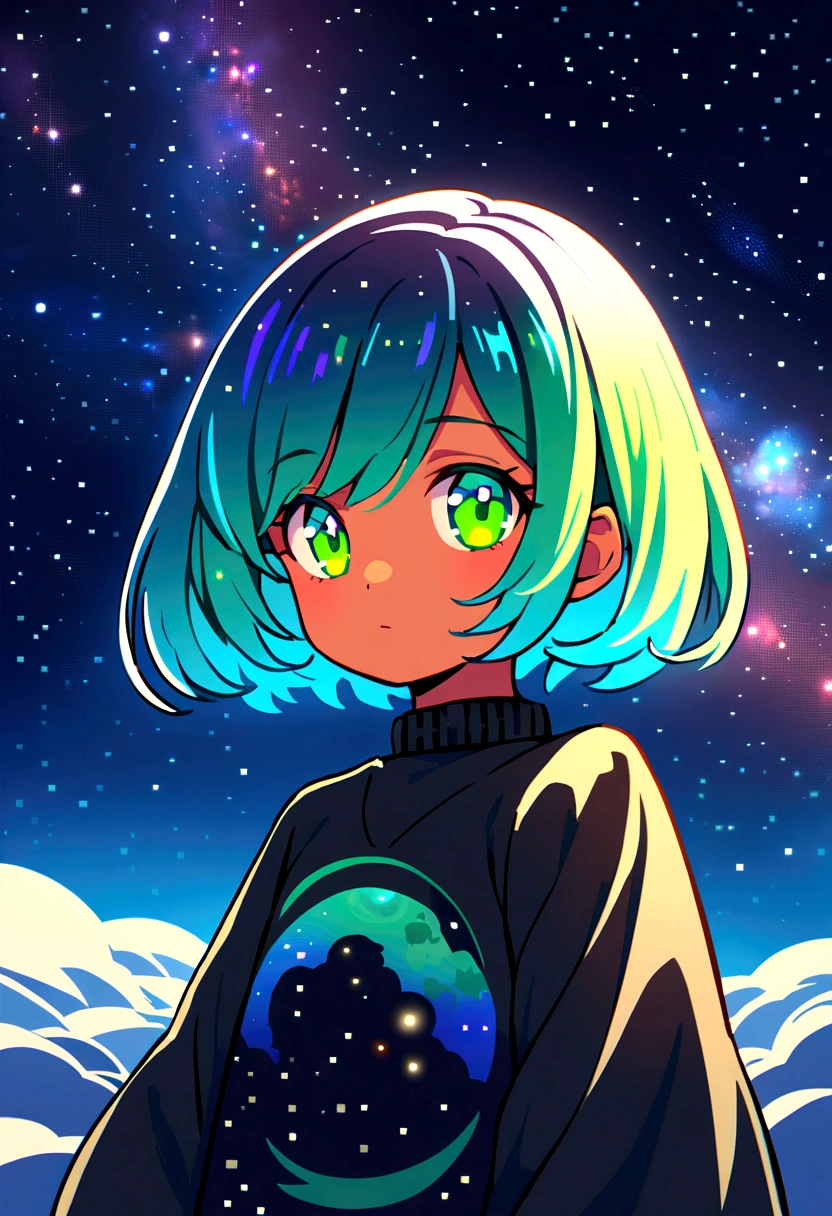 Sky, it's night, the night is full of stars, there are planets in the sky, bright colors, Incredible details, Shiny hair, spectacular hair, Loli, short hair, galaxy hair, green eyes, silhouette, tanned, black sweater,