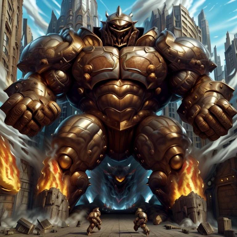 SOLO (masterpiece. official art. 8k. best quality. detailed full body. full body.)
(situation 1 : dominating Armored Flazzard. Armored Flazzard is over 1000 meters long. focus GIANT mechanical Muscular Armored Flazzard is trampling the city. Looking down. macro. stomp. Low-angle perspective. emphasizing the immense size.)
(situation 2 :smoke and flames rising from the destruction in the city)
(Additional details 1: real texture material. whole body shines like metal. emphasizes the muscles. suit fully made of metal.).
(Additional details 2: Detailed head. Detailed Body. Detailed abs. gigantic muscles. HYPER MUSCLES. Gigachad Muscular. big muscle. pecs. triceps. traps. unusually developed muscular body. body full of huge muscles. showing off muscles. pectorales enormes. Exaggeratedly huge muscles. huge muscles. long legs.).
his back he wears a golden cloak.