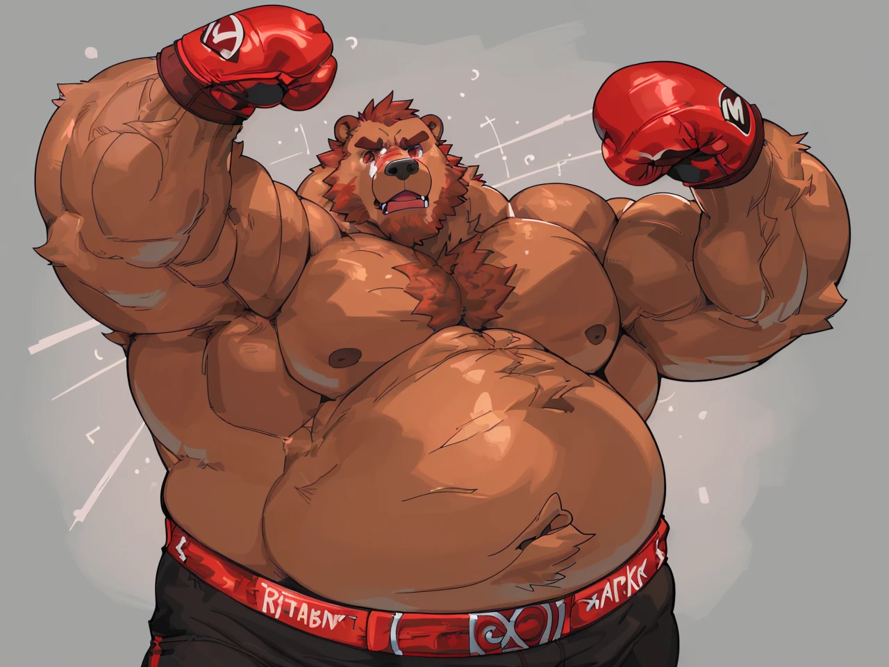 a huge muscular kodiak brown bear, extremely detailed brown fur, powerful pecs, beer belly, veins popping,red boxing gloves, black boxing pants with red line, flexing for boxing victory, masterpiece, 8k, ultra-detailed,realistic,photo-realistic,physically-based rendering,vivid colors
