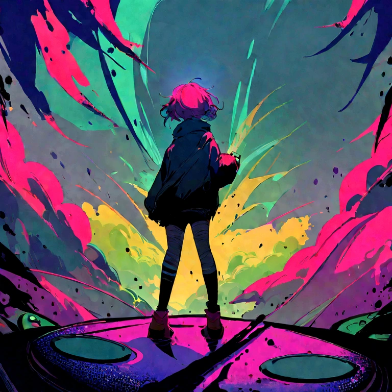 (best quality,highres,masterpiece:1.2),alien DJ playing turntables,grunge elements,raw textures,distressed textures,ink splatters,moody palette,vibrant neon colors,Studio Ghibli style