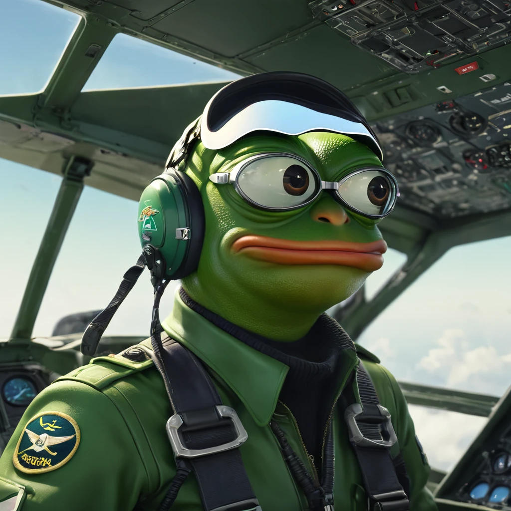 a Pepe the frog angry pilot, green frog humanoid creature, angry expression, pilot uniform, goggles, cockpit, futuristic aircraft, dynamic pose, (best quality,4k,8k,highres,masterpiece:1.2),ultra-detailed,(realistic,photorealistic,photo-realistic:1.37),cinematic lighting,vibrant colors,digital art,concept art