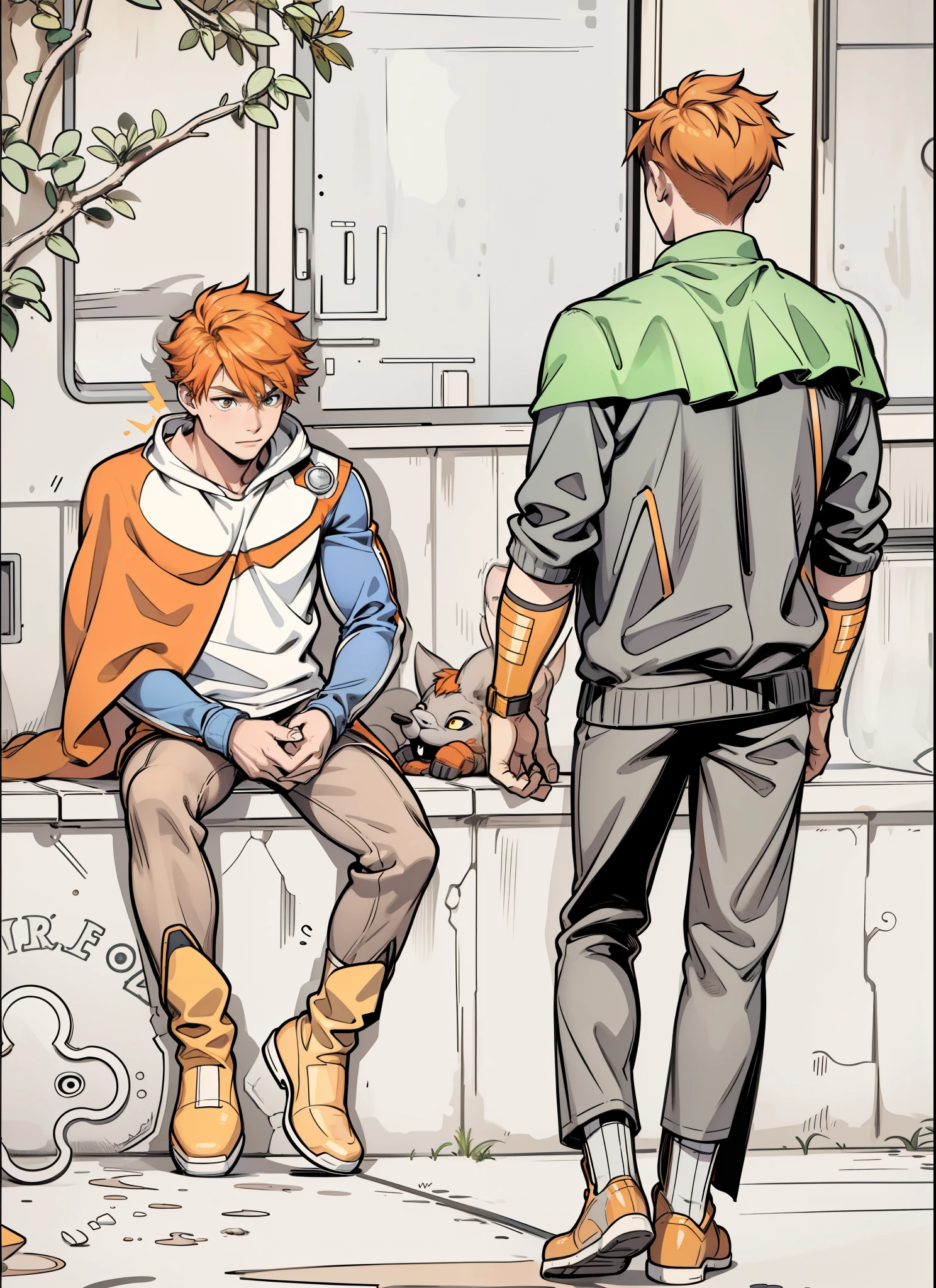 There are two 16 year olds, one sitting with orange hair and the other walking towards him., They both have superhero costumes, they have golden superhero boots, they are slim but athletic. 