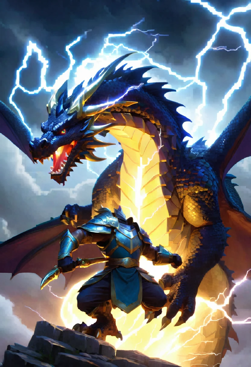 old large dragon breathing animated lightening, on a hero who is holding a shield to protect themselves from the lightening