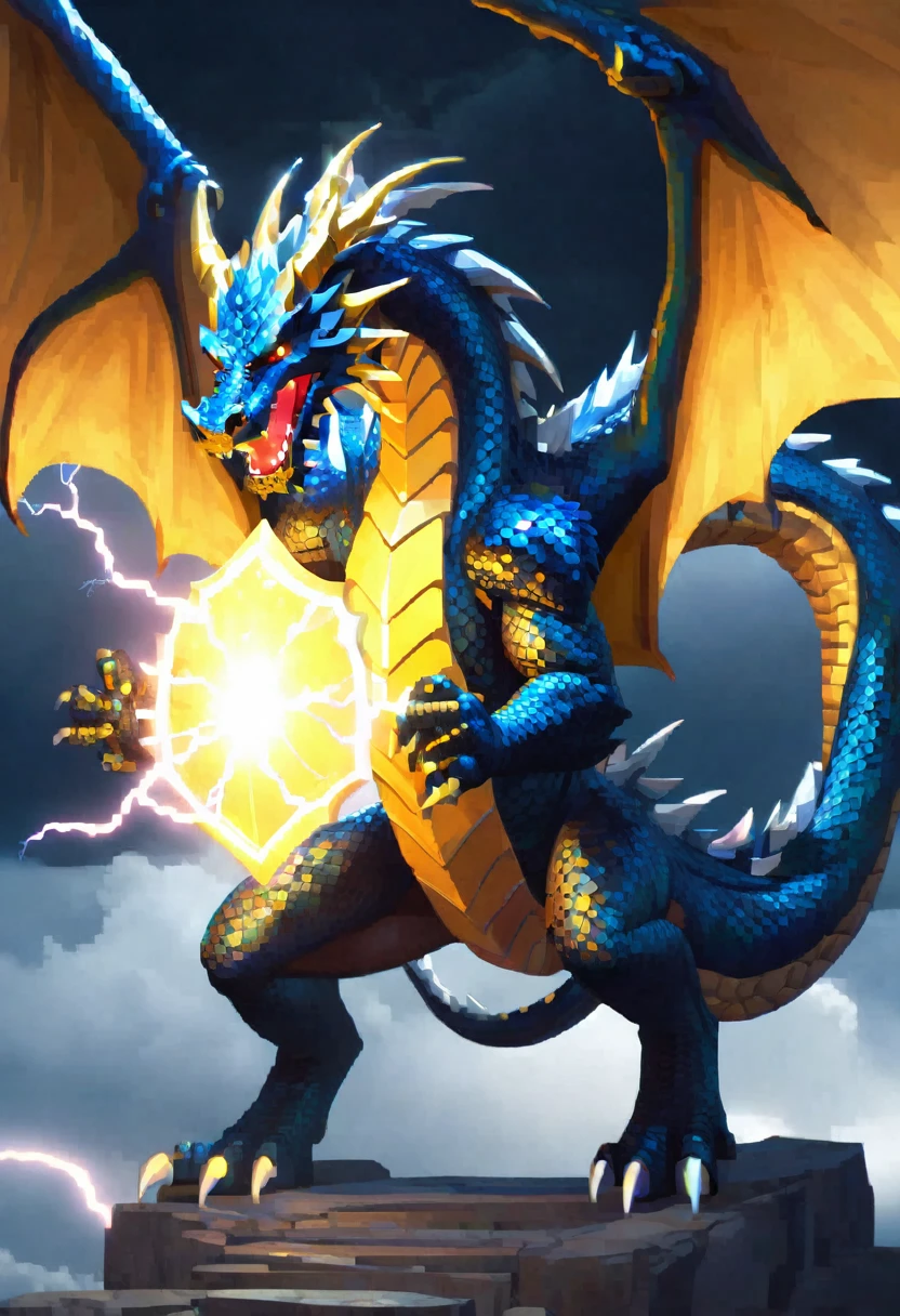 old large dragon breathing animated lightening, on a hero who is holding a shield to protect themselves from the lightening