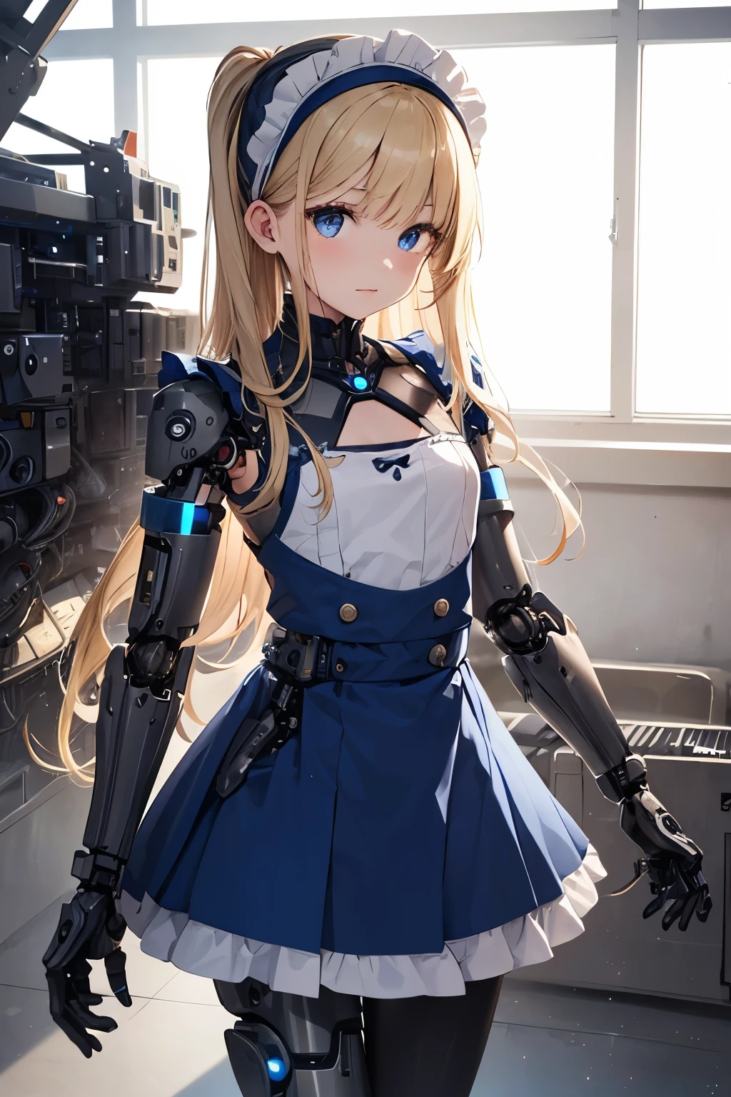 girl ,girl 12 year old , mechanical face , futuristic maid dress ,flat chest ,long blonde hair frinje ,( body), mechanic-headband, blue leds ,blue light auréola, quality, 8k ,maid uniform , Cyborg arms. Mechanical Limbs Metal, Mechanical legs .Power cablles conected in machine. Circuitos.