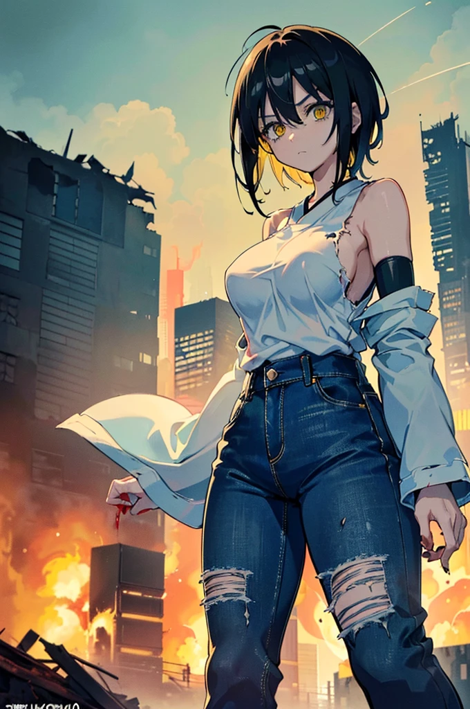 ((1 GIRL)) ((2d anime girl)), ((Japanese)) (( physically mature female)) (( somewhat large breasts)), 25-year-old, ((2d anime girl)), ((short dark-haired)), ((windswept hair)) ((ultra high quality))((flawless))((4k UHD)) ((Best Quality)) ((Daytime)) ((eyes glowing yellow )), wearing a ((black long sleeve shoulderless, blank T-shirt))((no logo)) wearing ((blue jeans)) and black and yellow sneakers with (((blood splattered))) on it and her face, standing in the street ((facing front and center toward the camera)) in a ((ruined city)) filled with ((heavily damaged)) and worn (( tall skyscrapers with gaping holes in their structures while on fire)) and ((crushed vehicles on fire)) and small and ((raging fires all around)) and an ((intimidating)) look on her face, with a giant monster kaiju-beast in the distance looking furocious.