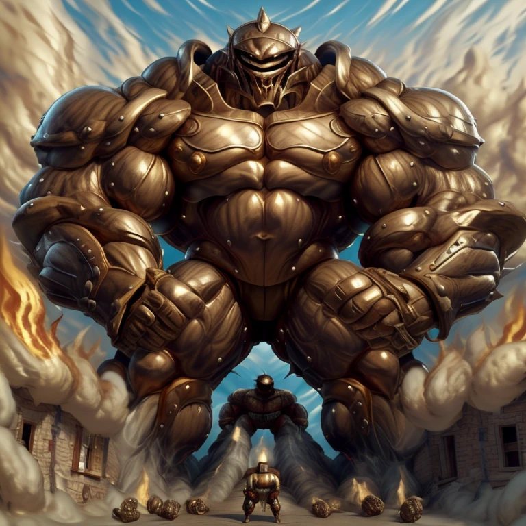 SOLO (masterpiece. official art. 8k. best quality. detailed full body. full body.)

(situation 1 : dominating Armored Flazzard. Armored Flazzard is over 1000 meters long. focus GIANT mechanical Muscular Armored Flazzard is trampling the city. Looking down. macro. stomp. Low-angle perspective. emphasizing the immense size.)

(situation 2 :smoke and flames rising from the destruction in the city)

(Additional details 1: real texture material. whole body shines like metal. emphasizes the muscles. suit fully made of metal.).

(Additional details 2: Detailed head. Detailed Body. Detailed abs. gigantic muscles. HYPER MUSCLES. Gigachad Muscular. big muscle. pecs. triceps. traps. unusually developed muscular body. body full of huge muscles. showing off muscles. pectorales enormes. Exaggeratedly huge muscles. huge muscles. long legs.).
his back he wears a golden cloak.