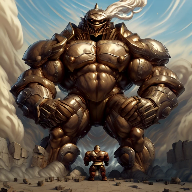 SOLO (masterpiece. official art. 8k. best quality. detailed full body. full body.)

(situation 1 : dominating Armored Flazzard. Armored Flazzard is over 1000 meters long. focus GIANT mechanical Muscular Armored Flazzard is trampling the city. Looking down. macro. stomp. Low-angle perspective. emphasizing the immense size.)

(situation 2 :smoke and flames rising from the destruction in the city)

(Additional details 1: real texture material. whole body shines like metal. emphasizes the muscles. suit fully made of metal.).

(Additional details 2: Detailed head. Detailed Body. Detailed abs. gigantic muscles. HYPER MUSCLES. Gigachad Muscular. big muscle. pecs. triceps. traps. unusually developed muscular body. body full of huge muscles. showing off muscles. pectorales enormes. Exaggeratedly huge muscles. huge muscles. long legs.).
his back he wears a golden cloak.