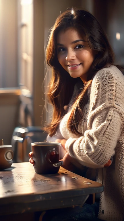 (ultrahd), (realistic), (real skin texture), (soft light), (cinematic light), a long hair fat woman wear an extra oversized white sweater, lean on her desk, seductive smile, pose, hold a cup of coffee,
