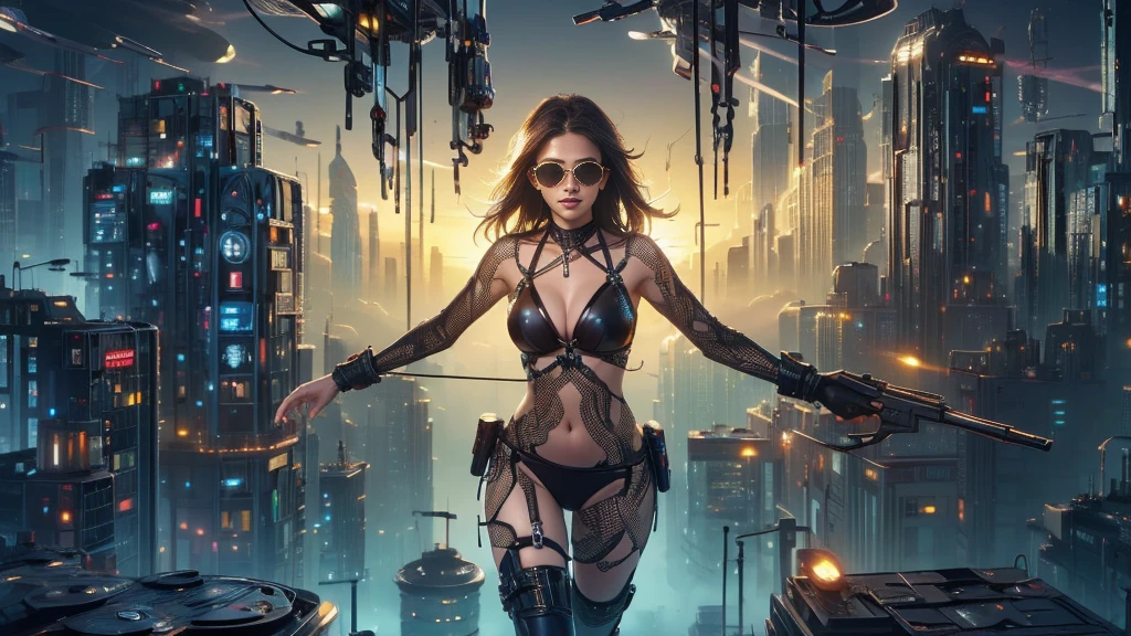 (((a medium-breast bikini slim GIRL with black micro sunglasses))), (((((aiming at viewer with a pistol))))), a balcony of a futuristic building, aerial view of an ultra-futuristic megalopolis, many metal buildings and houses in dark colors from dark blue to black, a cidade tem tons de cinza metal, has smoky metal structures , industrial environment with smoke and fog around, carros escuros nas ruas, desert megalopolis, trilhos e trens modernos de de metal passando estre as ruas da cidade, tall futuristic metal buildings, many ultra modern buildings around, realistic, detailed, sci-fi.
