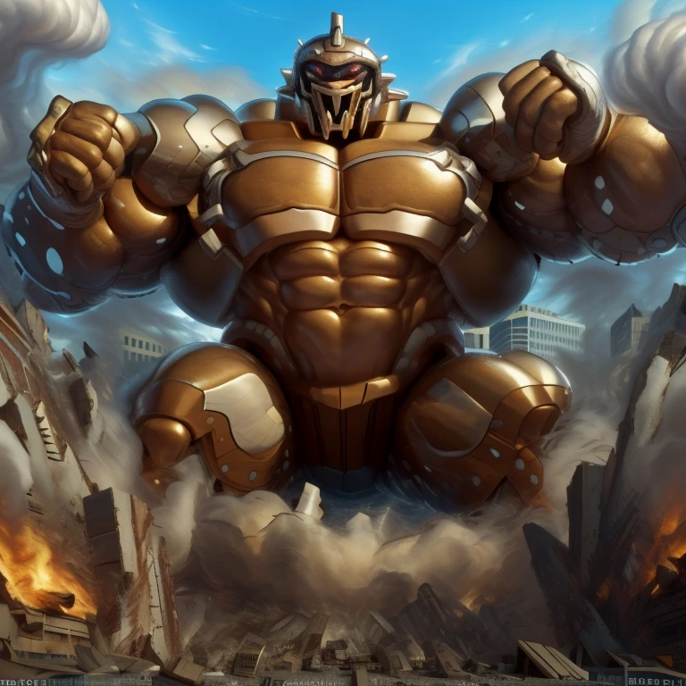 SOLO (masterpiece. official art. 8k. best quality. detailed full body. full body.)
(situation 1 : dominating Armored Flazzard. Armored Flazzard is over 1000 meters long. focus GIANT mechanical Muscular Armored Flazzard is trampling the city. Looking down. macro. stomp. Low-angle perspective. emphasizing the immense size.)
(situation 2 :smoke and flames rising from the destruction in the city)
(Additional details 1: real texture material. whole body shines like metal. emphasizes the muscles. suit fully made of metal.).
(Additional details 2: Detailed head. Detailed Body. Detailed abs. gigantic muscles. HYPER MUSCLES. Gigachad Muscular. big muscle. pecs. triceps. traps. unusually developed muscular body. body full of huge muscles. showing off muscles. pectorales enormes. Exaggeratedly huge muscles. huge muscles. long legs.).
On his back he wears a golden cloak.