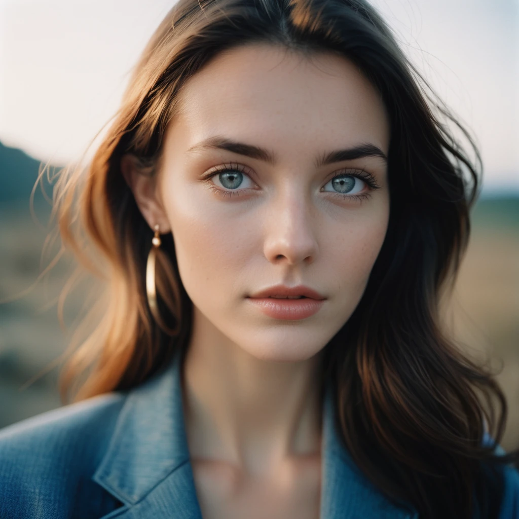 amateur photo of a woman, analog, raw, f2, 35mm, an (amateur photo) of a 50 year old candid photo of a woman, flash photography, taken on an old camera, polaroid, half body photo of a beautiful 20 years old Icelandic girl, extremely detailed eyes, beautiful face, detailed natural skin with pores, sitting on a rock with legs crossed, looking peaceful., Oversized blazer, skinny jeans, loafers, shoulder bag, stud earrings, (lofi, bokeh), by Marta Bevacqua, golden hour, cinematic lighting, (hazy filter, film grain:1.2). 8k, highly detailed, detailed skin texture, natural skin texture, perfect eyes, perfect iris, high detail eyes, detailed iris, detailed cloth texture, perfect eyes, detailed eyes, (high quality, best quality:1.3), Extremely high-resolution, film grain, dslr, Kodak Portra 400 camera f1.6 lens, 35mm, Fujifilm Superia Premium 400, Nikon D850,