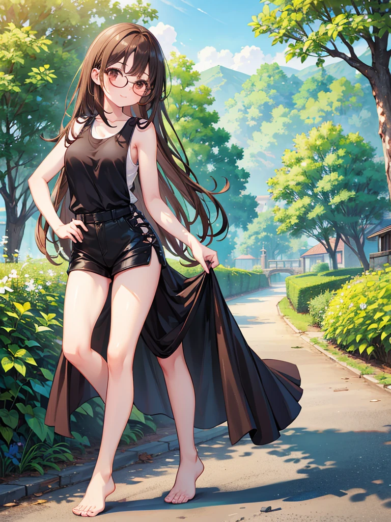 1 woman、brown hair(long)、brown eyes、black round glasses、 best quality、Super detailed、8K resolution、Raw photo、muste piece、seductive 、sleeveless tank top, overall short, gorgeous face、perfect body、spring scenery、barefoot, stroll、smile