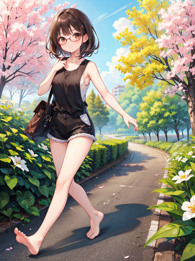 1 woman、brown hair(long)、brown eyes、black round glasses、 best quality、Super detailed、8K resolution、Raw photo、muste piece、seductive 、sleeveless tank top, overall short, gorgeous face、perfect body、spring scenery、barefoot, stroll、smile