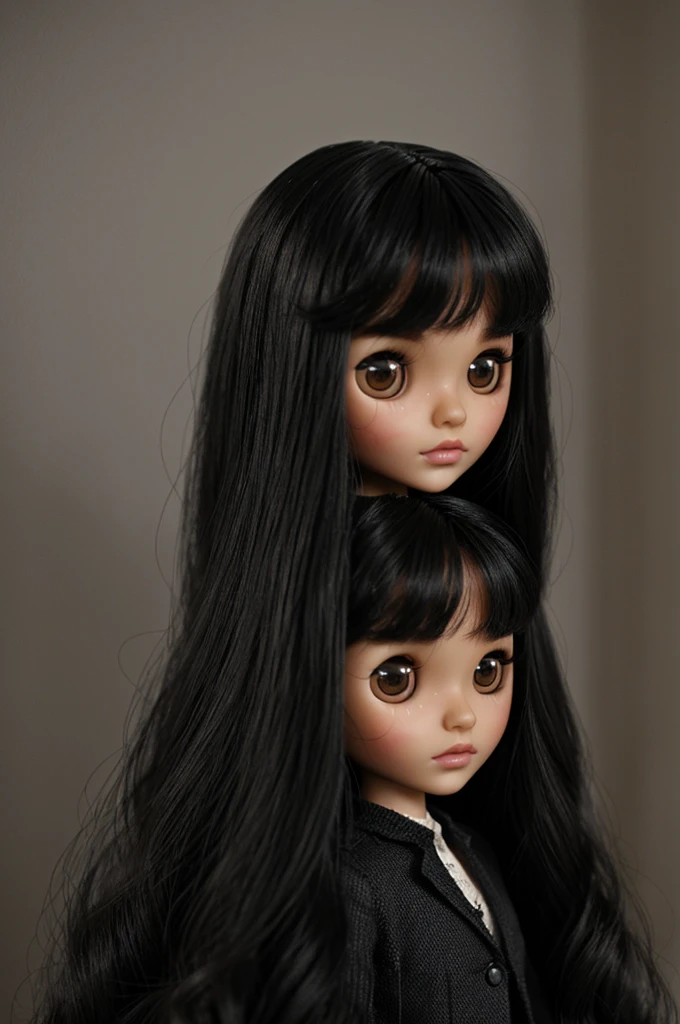 I want a blythe dolls with black hair, that is dark skin, that has black eyes, black eyebrows, that has long, layered hair and no bangs