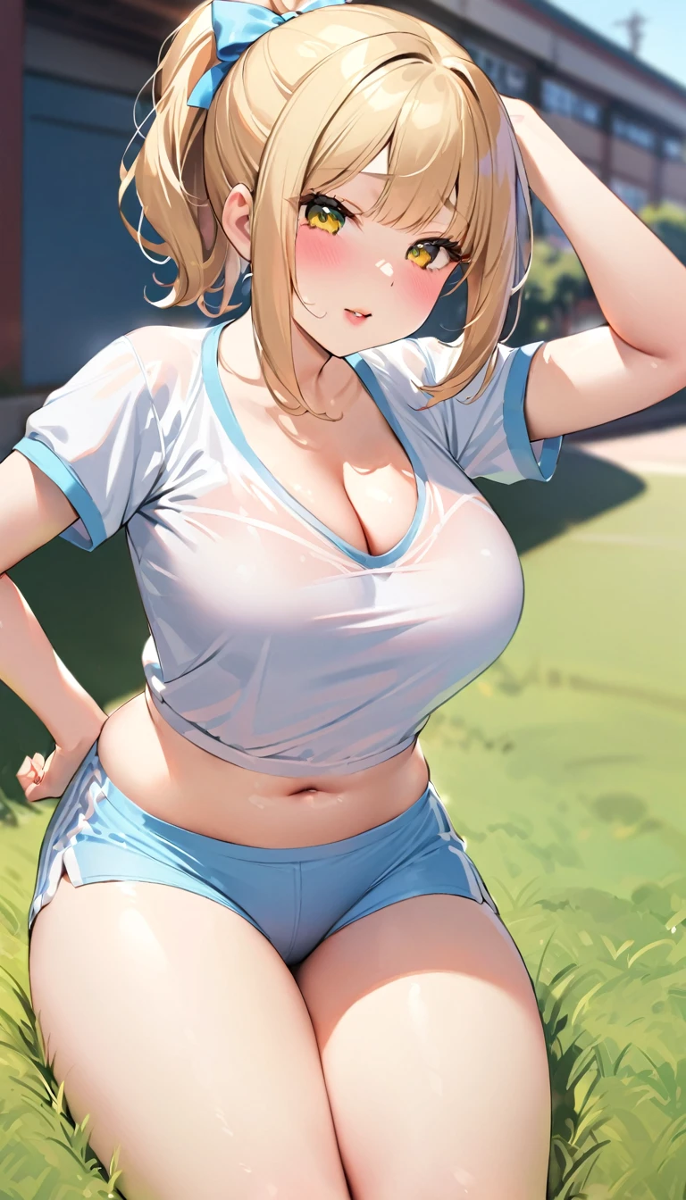 {{{{{16k,Ultra High-resolution realistic photograph of neat virgin first-year junior high school girl's in School-designated gym uniform with junior high ribbon as pretty as a actress in Grass schoolyard, She's in the first year of middle school, but she's too well developed, her cleavage tits are too beautiful, Her bra is showing through under her gym clothes, Her tits are shaking so much in PE that it's embarrassing}}}}},{{Extremely detailed}},{{{{{dye her cheeks flush and integrated her head pure small, thick lips, Enchanting thick gross idol's Lips}}}}},{{{{{the bang ponytail hair}}}}},{{{{{She get more attractive and smoother her body, her expression and appearance are transformed into that of a pure, Her white tits are so fluffy, and are depicted in great detail, but her sex appeal from her cleavage fills the schoolyard, her bodyline and tits and hips are getting cuter and cuter, She has been reborn as a pretty one-in-a-thousand-year girl with a sparkling aura of cuteness}}}}}