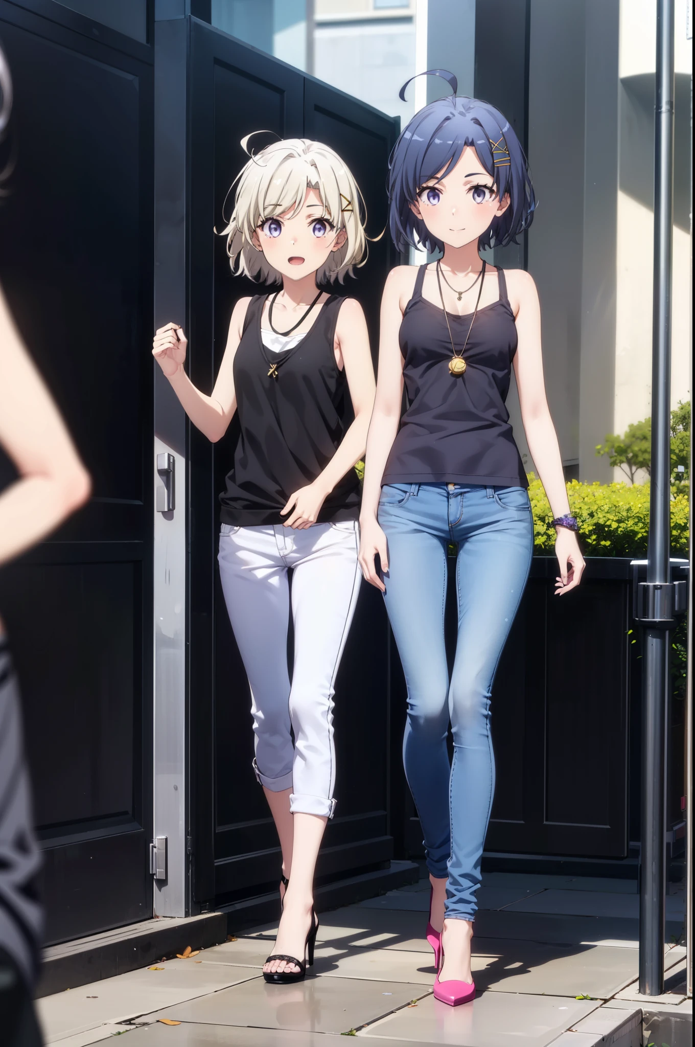 komachihikigaya, komachi hikigaya, short hair, Black Hair, hair ornaments, Ahoge, Hair Clip, x hair ornaments, (Purple eyes:1.1), tooth, happy smile, smile, Open your mouth, black tank top shirt,Locket Necklace,Skinny jeans,Stiletto heels,morning,morning陽,The sun is rising,Walking,whole bodyがイラストに入るように,
break outdoors, Building district,
break looking at viewer,whole body,
break (masterpiece:1.2), Highest quality, High resolution, unity 8k wallpaper, (figure:0.8), (Beautiful attention to detail:1.6), Highly detailed face, Perfect lighting, Highly detailed CG, (Perfect hands, Perfect Anatomy),