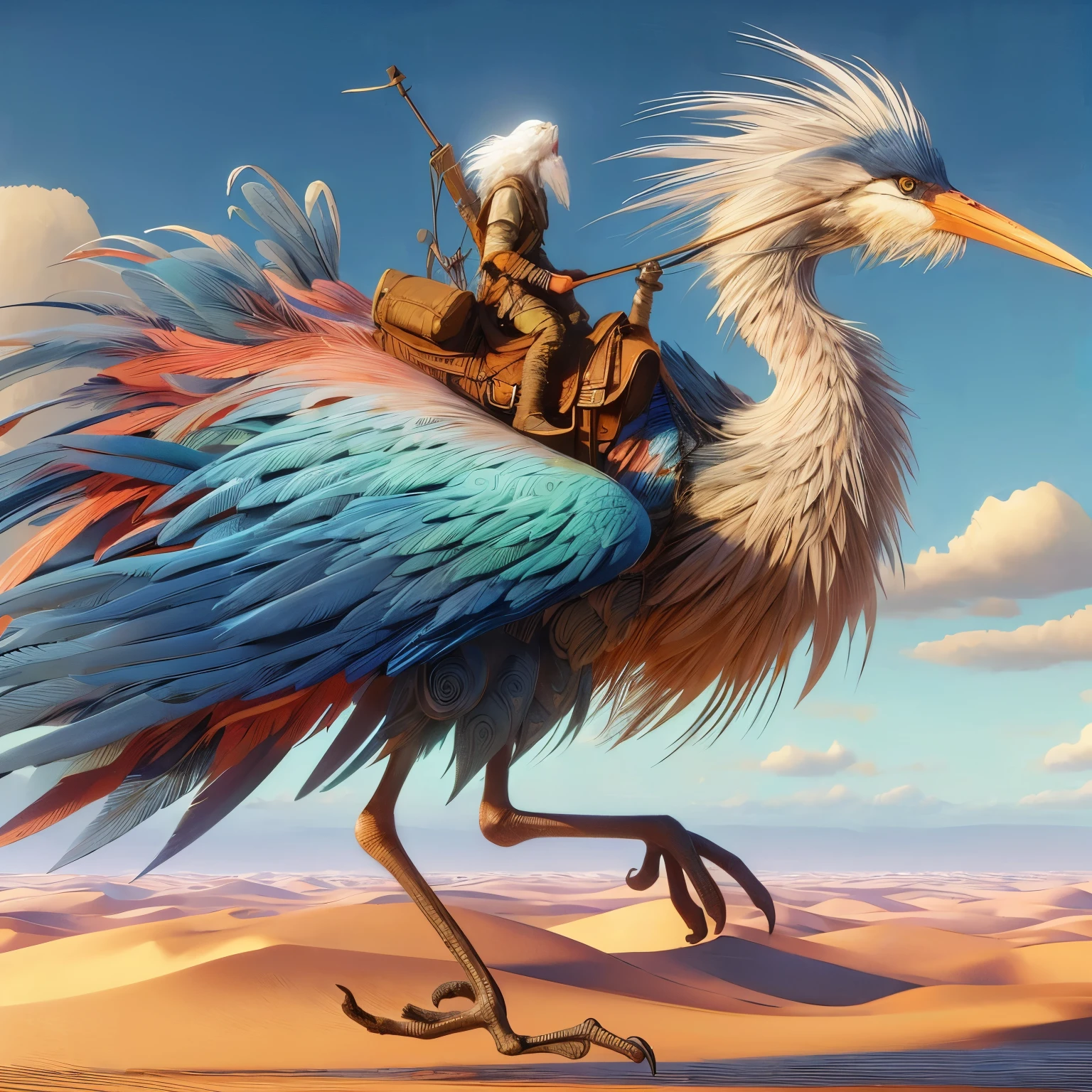 create a main character an large tall two legged bird carrying a man on its back, two leg bird similar to the great blue heron, a swirled feathered bird with many varied colors some intense some light, an alien species, the bird is saddled, the bird has only two legs, bird only has two legs, in a beautiful flat desert landscape of a 3d video game vista, dynamic pose, riding a giant tall blue heron bird, Jean Giraud, extreme long shot, in splash impressionist art style, the main character wears a long yellow tan trench coat with hood and tinted goggles, endless miles of blowing sand dunes, riders in the far distance, blue skies with billowing white clouds pink tinged, blowing boiling swirling wind, blowing leaves of grass, dark yellow and azure, majestic, sweeping seascapes, photorealistic representation, graceful balance, wimmelbilder, Andrew Wyeth, orange, Leaves of Grass, in the art style of Jean Giraud, flynnrider

