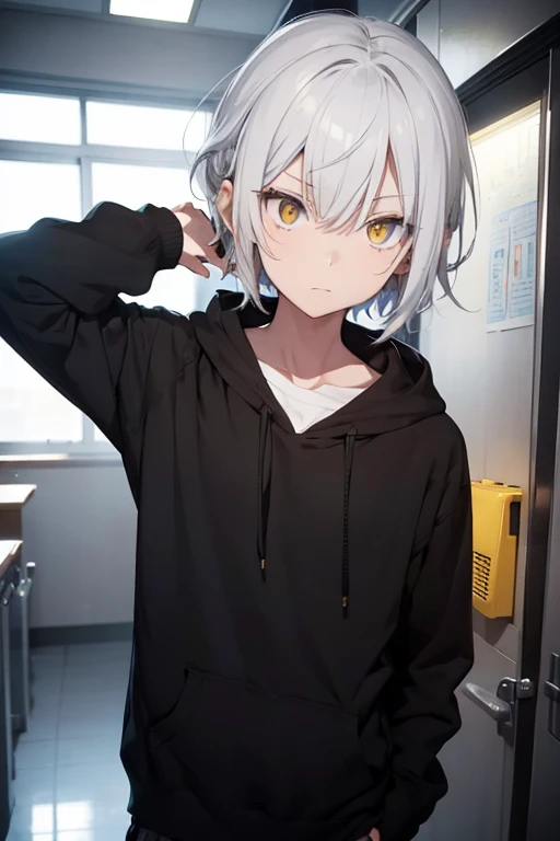 Skinny boy with black hoddie and gray pants white hair unknotted light yellow eyes 