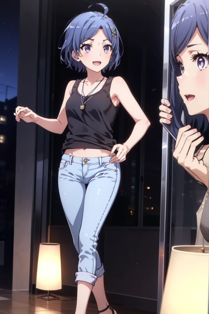 komachihikigaya, komachi hikigaya, short hair, Black Hair, hair ornaments, Ahoge, Hair Clip, x hair ornaments, (Purple eyes:1.1), tooth, happy smile, smile, Open your mouth, black tank top shirt,Locket Necklace,Skinny jeans,Stiletto heels,morning,morning陽,The sun is rising,Walking,whole bodyがイラストに入るように,
break outdoors, Building district,
break looking at viewer,whole body,
break (masterpiece:1.2), Highest quality, High resolution, unity 8k wallpaper, (figure:0.8), (Beautiful attention to detail:1.6), Highly detailed face, Perfect lighting, Highly detailed CG, (Perfect hands, Perfect Anatomy),