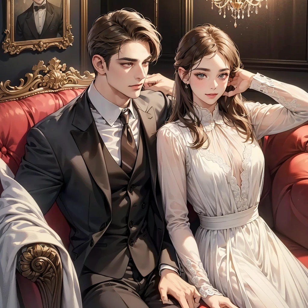 a beautiful young woman with light brown hair in a chignon, innocent look, drooping eyebrows and eyes, round face and jaws, natural makeup, kind smile, E-cup bust, two handsome men in suits, well-muscled, firm shoulder width, adult male with boyish hairstyle, one man in his 30s with a cool expression, one 28-year-old man with a bright smile, antique furnishings including clamps, chair, chandeliers, crystal glass, luxury, fantastical lighting, marble fireplace, antique sofa and leather sofa, a couple kissing, embarrassed and shy smile, bouquet of red roses, (best quality,4k,8k,highres,masterpiece:1.2),ultra-detailed,(realistic,photorealistic,photo-realistic:1.37),digital art,digital illustration,beautiful image,sharp image,raw photo,perfect face,perfect lines,perfect eyes,soft lighting,ember,men in suits,adult male,romance,bachelorette