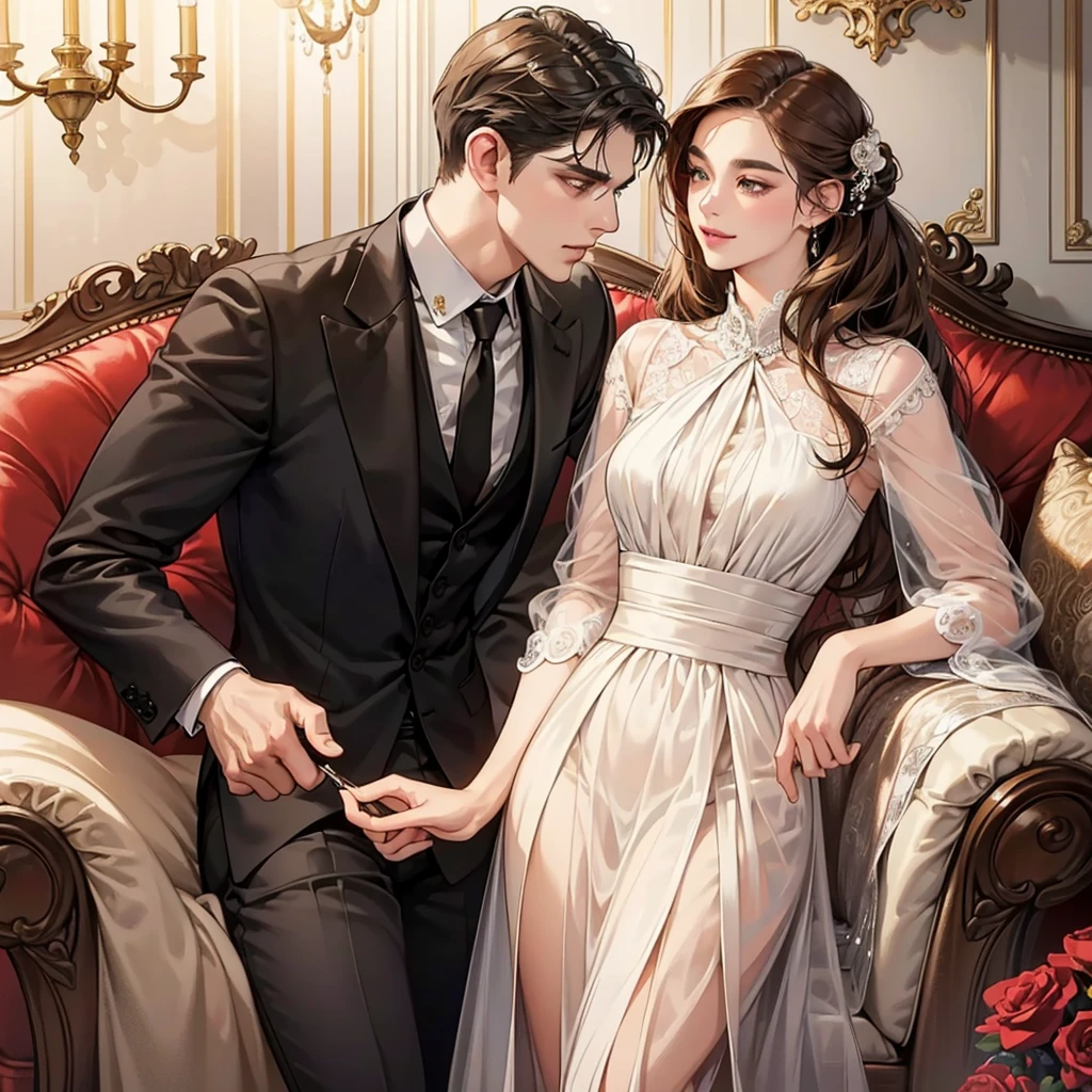 a beautiful young woman with light brown hair in a chignon, innocent look, drooping eyebrows and eyes, round face and jaws, natural makeup, kind smile, E-cup bust, two handsome men in suits, well-muscled, firm shoulder width, adult male with boyish hairstyle, one man in his 30s with a cool expression, one 28-year-old man with a bright smile, antique furnishings including clamps, chair, chandeliers, crystal glass, luxury, fantastical lighting, marble fireplace, antique sofa and leather sofa, a couple kissing, embarrassed and shy smile, bouquet of red roses, (best quality,4k,8k,highres,masterpiece:1.2),ultra-detailed,(realistic,photorealistic,photo-realistic:1.37),digital art,digital illustration,beautiful image,sharp image,raw photo,perfect face,perfect lines,perfect eyes,soft lighting,ember,men in suits,adult male,romance,bachelorette