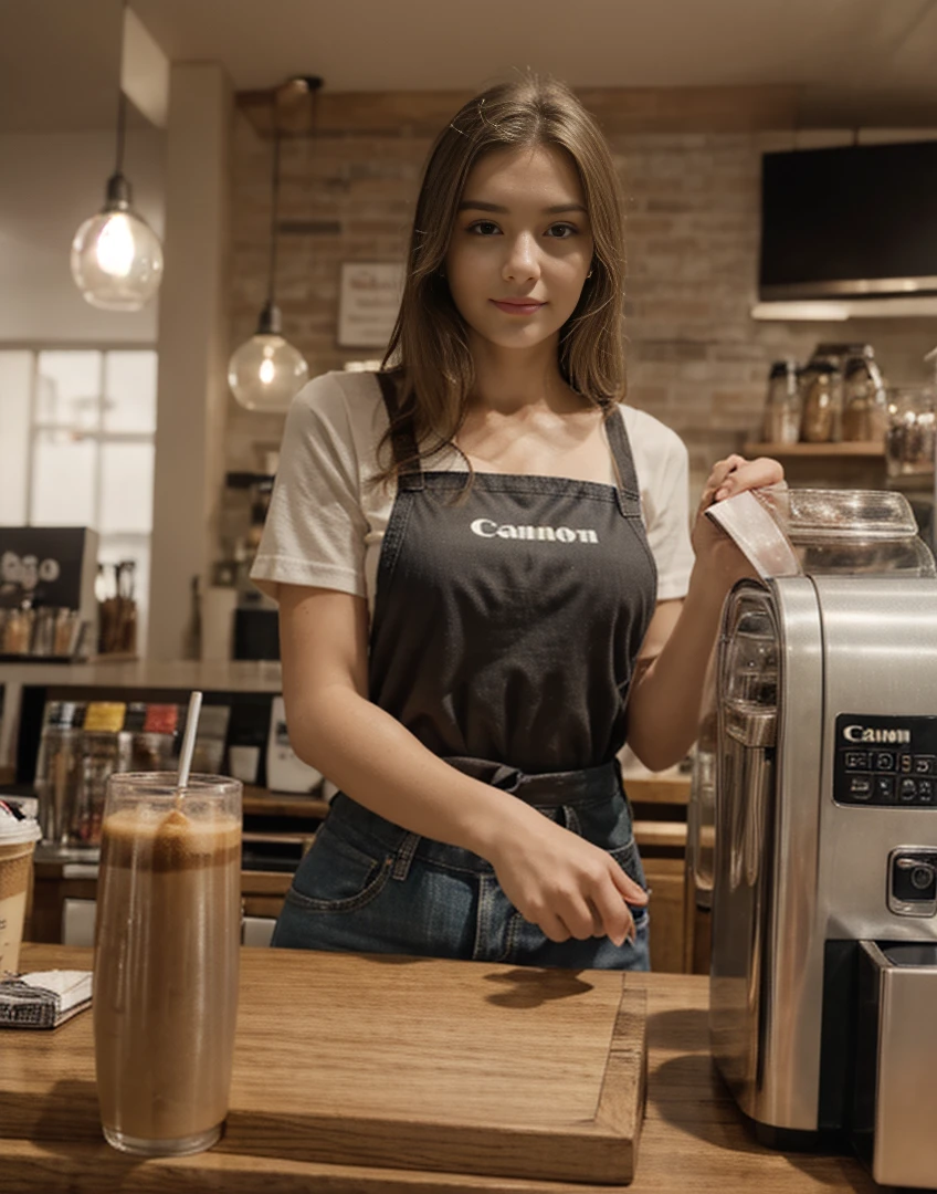 beautiful woman, stunning beauty, 21 years old, working in a caffee, standing behind the counter, ultra realistic, raw photo, 8k, 4k, ultra resolution, perfect quality, Canon50, photorealistic:.1.37