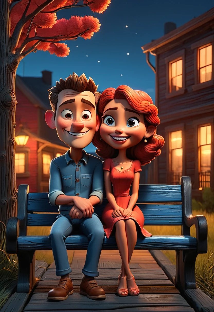 A vibrant 3D cartoon style full-body caricature with a big head, rendered in exquisite detail, depicts a young couple sitting cozily on a weathered black wooden bench, surrounded by a warm reddish-blue atmosphere reminiscent of a picturesque evening sky. Soft, golden photographic lighting casts a flattering glow, accentuating the duo's excited expressions. With an exaggerated, Unreal Engine-inspired aesthetic, the image pops with a vibrant color palette, while the subtle ring light adds depth and dimensionality, evoking the cinematic quality of a Pixar animation.