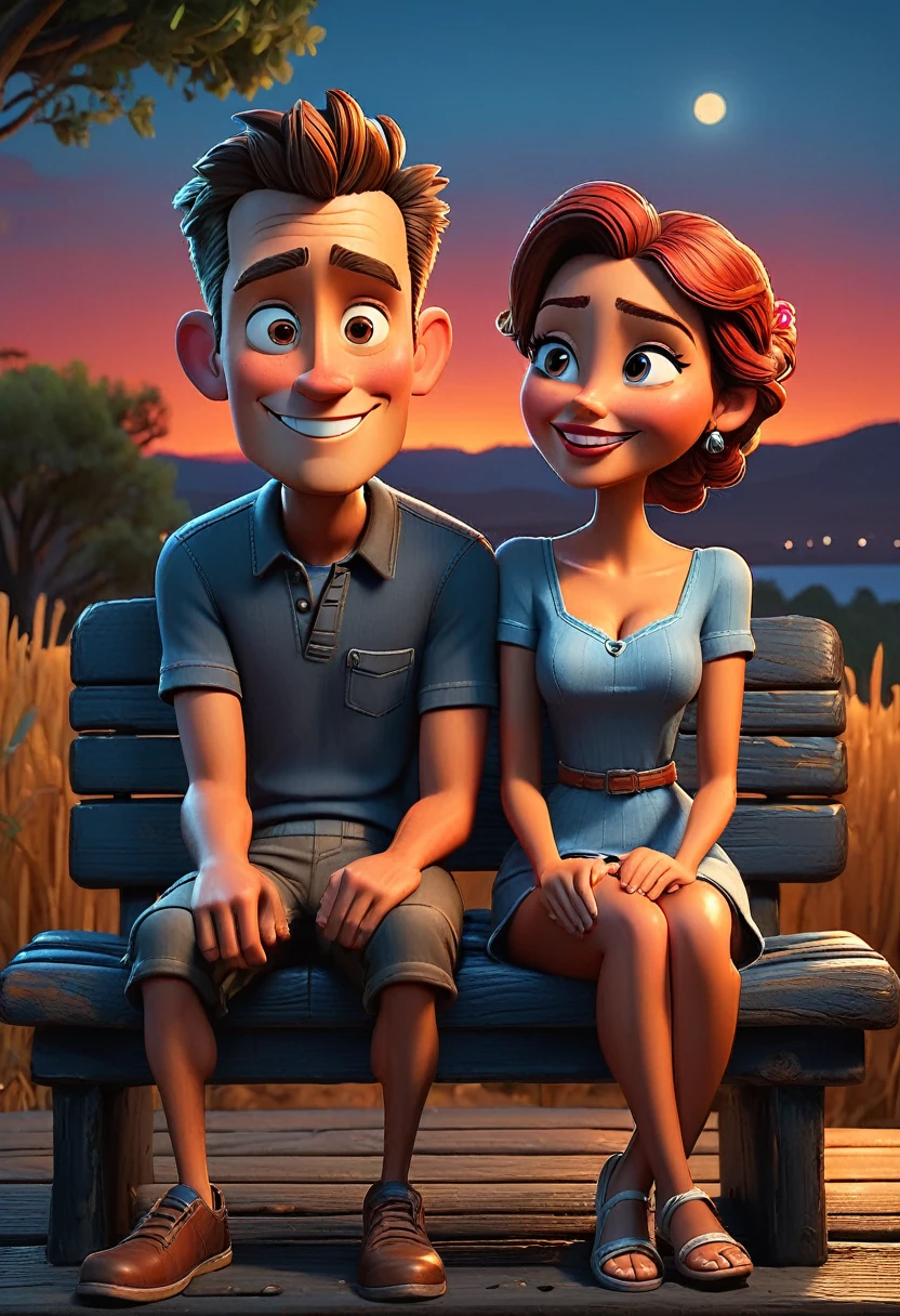 A vibrant 3D cartoon style full-body caricature with a big head, rendered in exquisite detail, depicts a young couple sitting cozily on a weathered black wooden bench, surrounded by a warm reddish-blue atmosphere reminiscent of a picturesque evening sky. Soft, golden photographic lighting casts a flattering glow, accentuating the duo's excited expressions. With an exaggerated, Unreal Engine-inspired aesthetic, the image pops with a vibrant color palette, while the subtle ring light adds depth and dimensionality, evoking the cinematic quality of a Pixar animation.