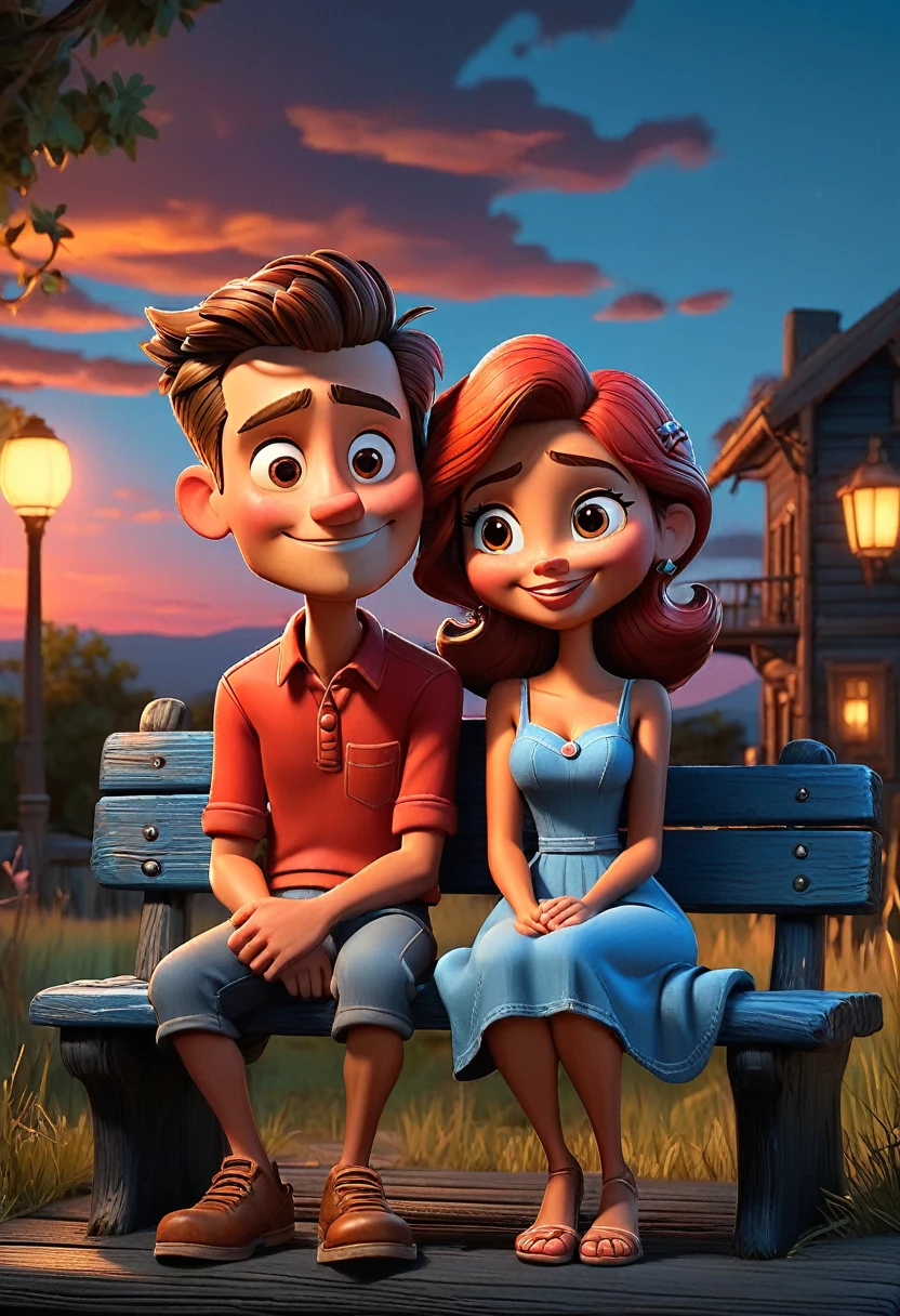 A vibrant 3D cartoon style full-body caricature with a big head, rendered in exquisite detail, depicts a young couple sitting cozily on a weathered black wooden bench, surrounded by a warm reddish-blue atmosphere reminiscent of a picturesque evening sky. Soft, golden photographic lighting casts a flattering glow, accentuating the duo's excited expressions. With an exaggerated, Unreal Engine-inspired aesthetic, the image pops with a vibrant color palette, while the subtle ring light adds depth and dimensionality, evoking the cinematic quality of a Pixar animation.