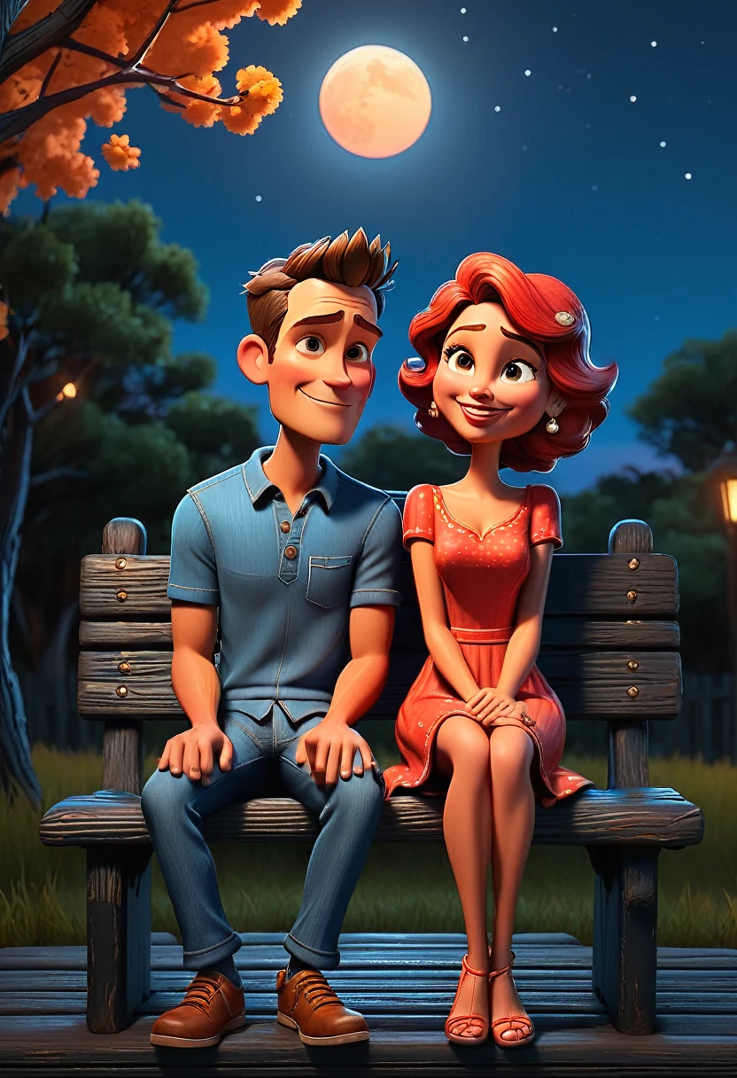 A vibrant 3D cartoon style full-body caricature with a big head, rendered in exquisite detail, depicts a young couple sitting cozily on a weathered black wooden bench, surrounded by a warm reddish-blue atmosphere reminiscent of a picturesque evening sky. Soft, golden photographic lighting casts a flattering glow, accentuating the duo's excited expressions. With an exaggerated, Unreal Engine-inspired aesthetic, the image pops with a vibrant color palette, while the subtle ring light adds depth and dimensionality, evoking the cinematic quality of a Pixar animation.