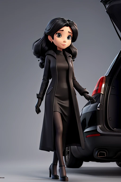 woman with a long black jacket and long heels with black gloves and a black dress puts the woman in the trunk