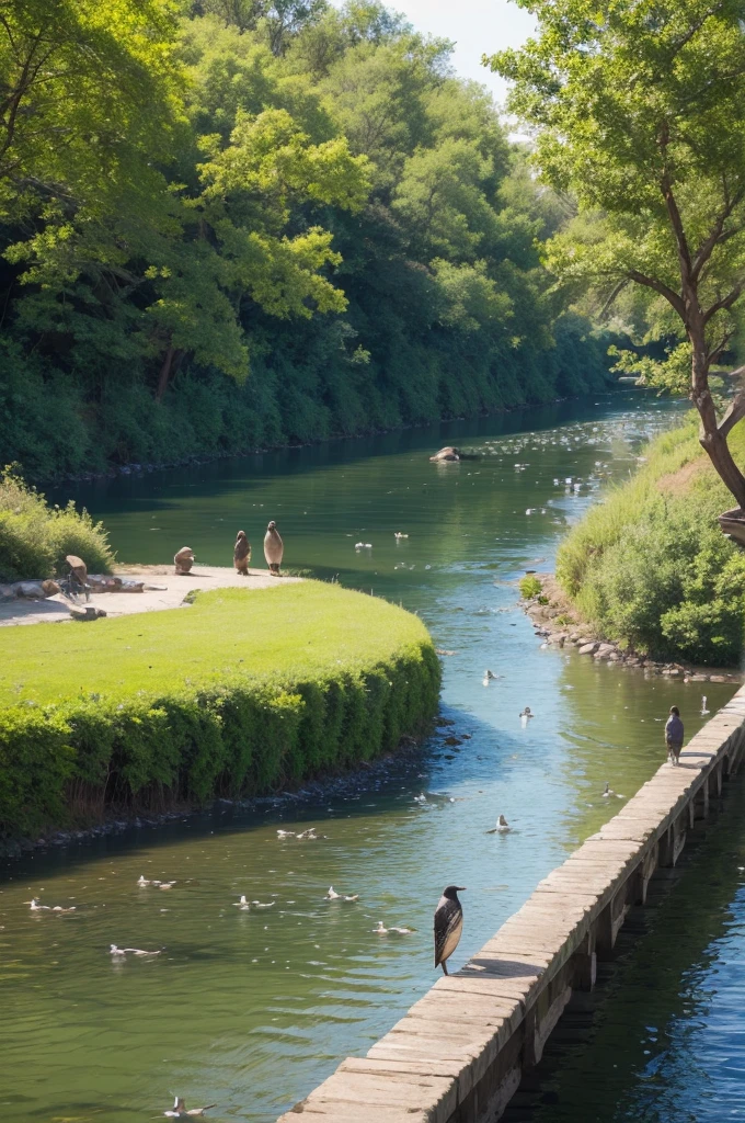 Create a landscape. By only sun, with birds, fish in the river, and 2 people living in harmony, like brothers